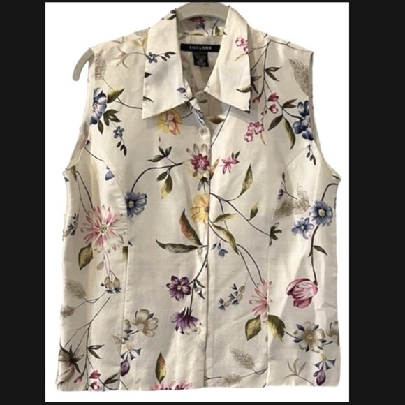 100% Silk Sleeveless Woman’s Flower Button Up Blouse - Picture 7 of 7